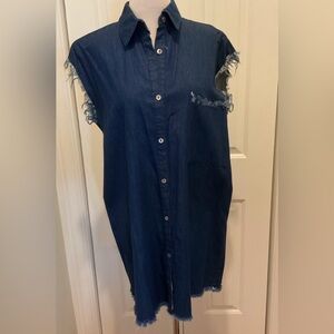 POL size Large NWOT   Frayed Sleeveless Button-Down Dress - Dark Blue denim